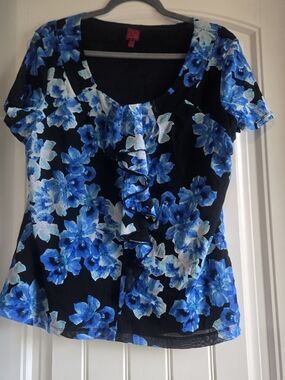 212 New York Black Scoop Neck Top with Blue Floral Ruffle